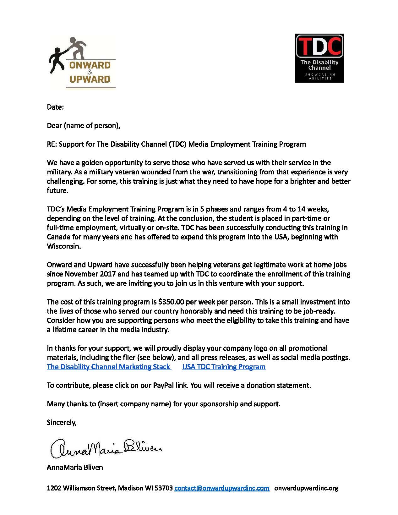 About support for the Disability Channel (TDC) Media Employment Training Program