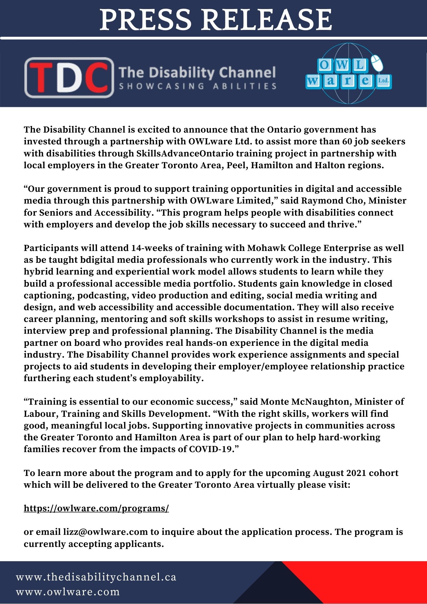 Press release saying that the Ontario government has invested through a partnership with Owlware Ltd. to assist more than 60 job seekers with disabilities through SkillsAdvanceOntario training project.